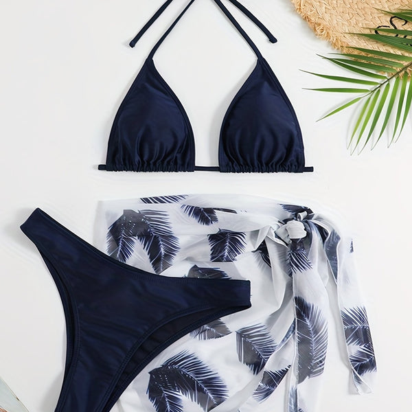 Feather Luxe 3-Piece Bikini Set – Exotic Feather Print Halter Neck Backless Swimsuit with High Cut Tie Back Bottoms and Wrap Cover-Up – Women’s High-Stretch Comfortable Swimwear for Summer Beach & Pool Vacations