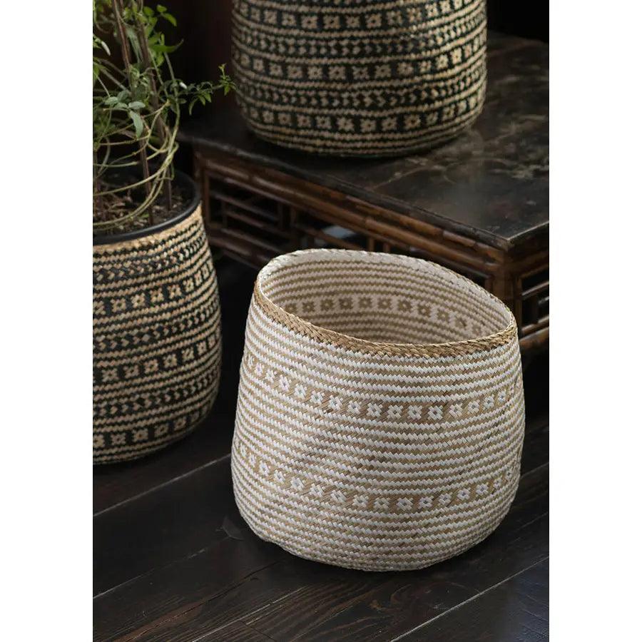 Handwoven Cylinder Basket in White & Natural Seagrass