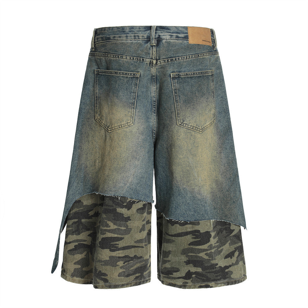 Post-Apocalyptic Style Distressed Patchwork Camouflage Seven-Quarter Denim Pants Men's Summer Fake Two-Piece Washed Frayed Hem Shorts