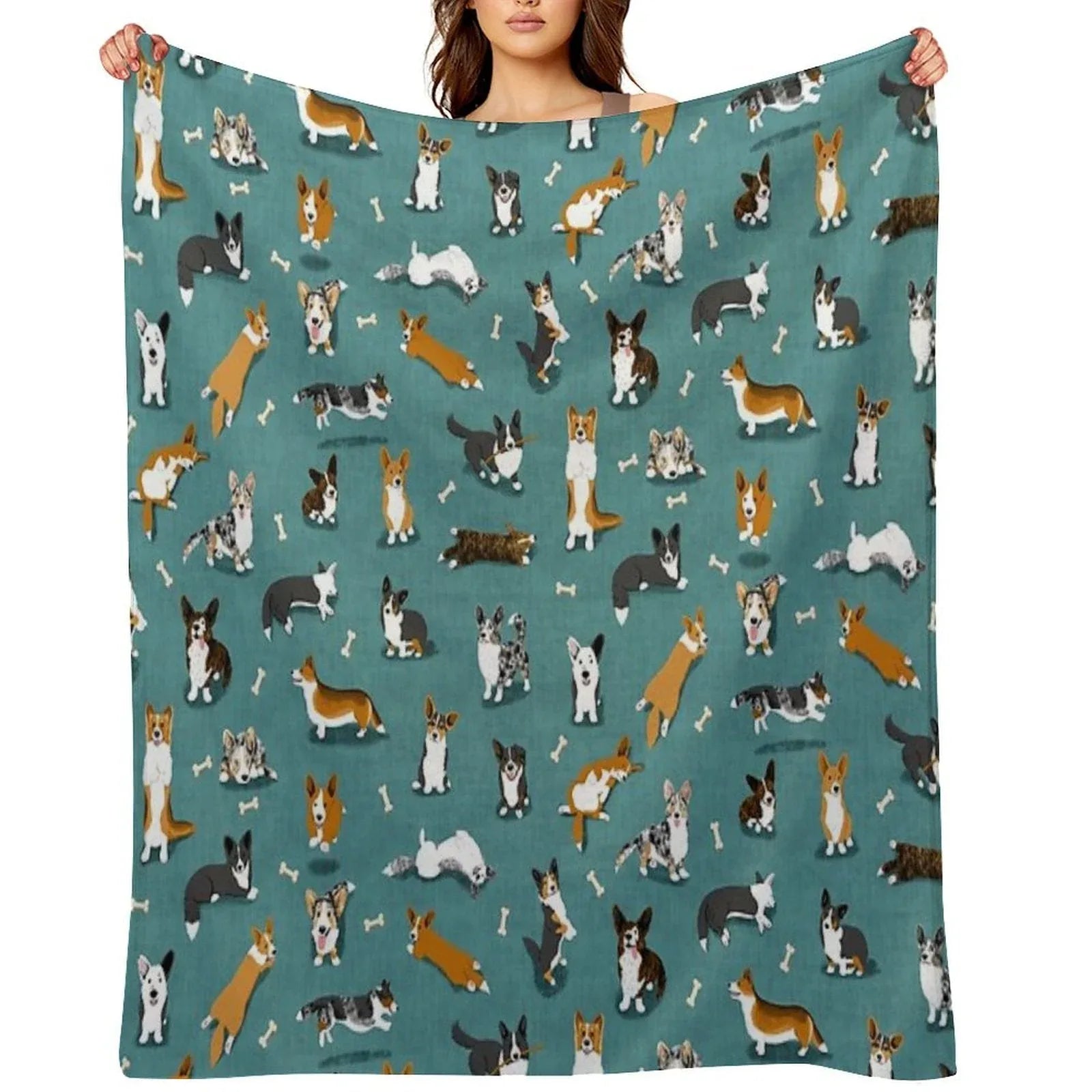 Cardigan Corgi Pattern on Teal Throw Blanket