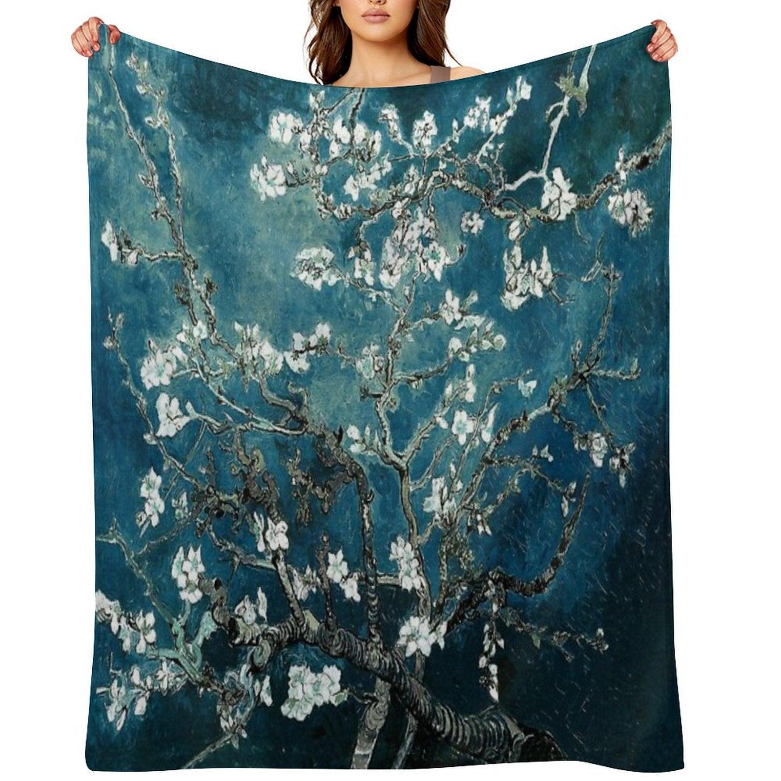 Van Gogh Almond Blossoms Dark Teal Throw Blanket