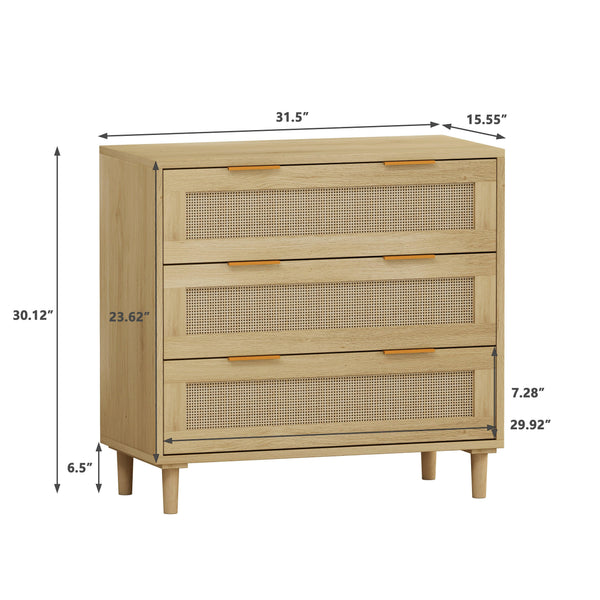 3-Drawers Rattan Storage Cabinet Rattan Drawer (Set of 2),for Bedroom,Living Room,Dining Room,Hallways,Oak