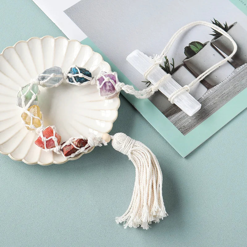 Natural Crystal Seven Color Gemstone Gypsum Rod DIY Wearing Mesh Bag Hanging Decoration Yellow Purple Crystal Car Hanging