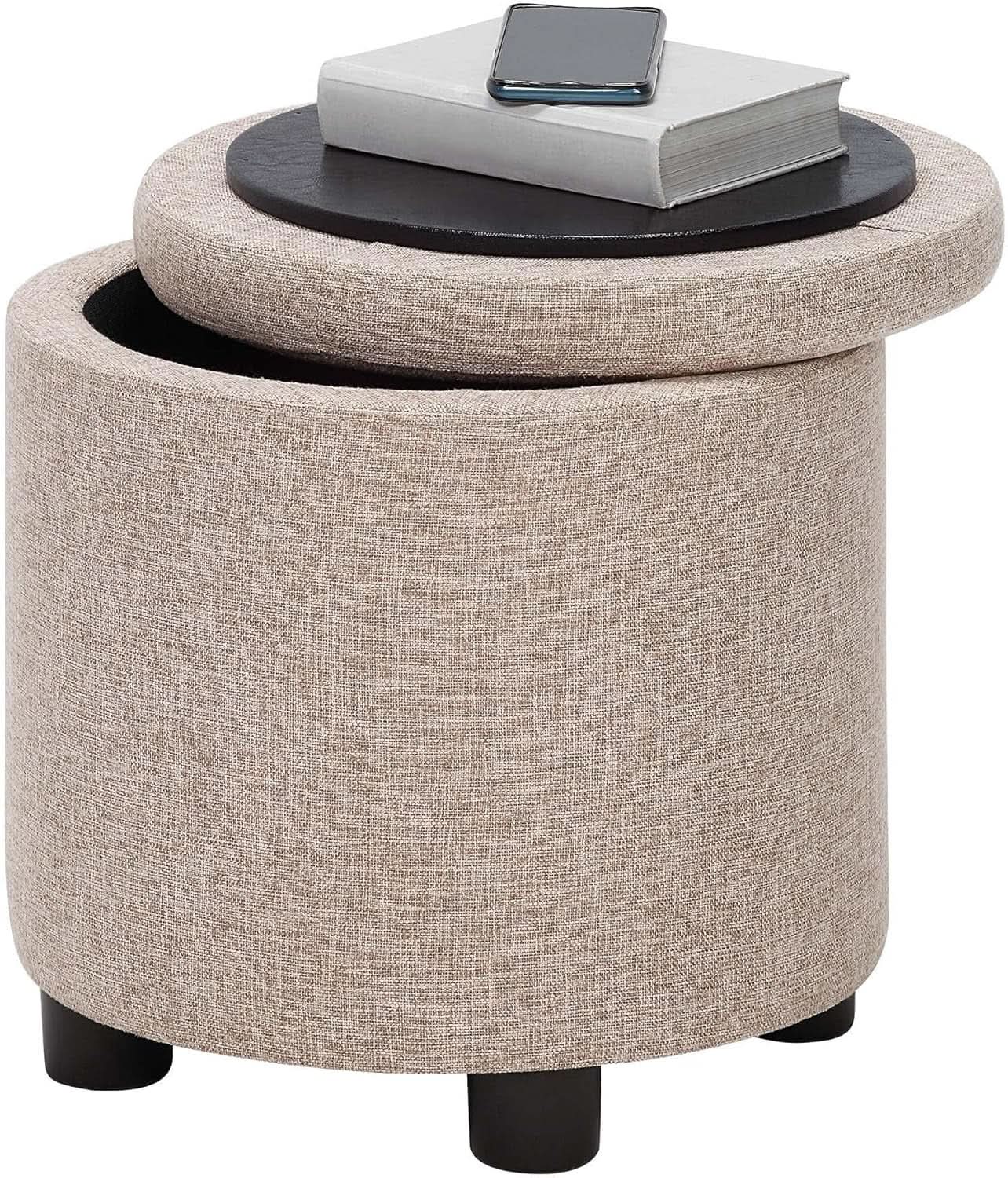 Round Storage Ottoman Upholstered Removable Tray Lid