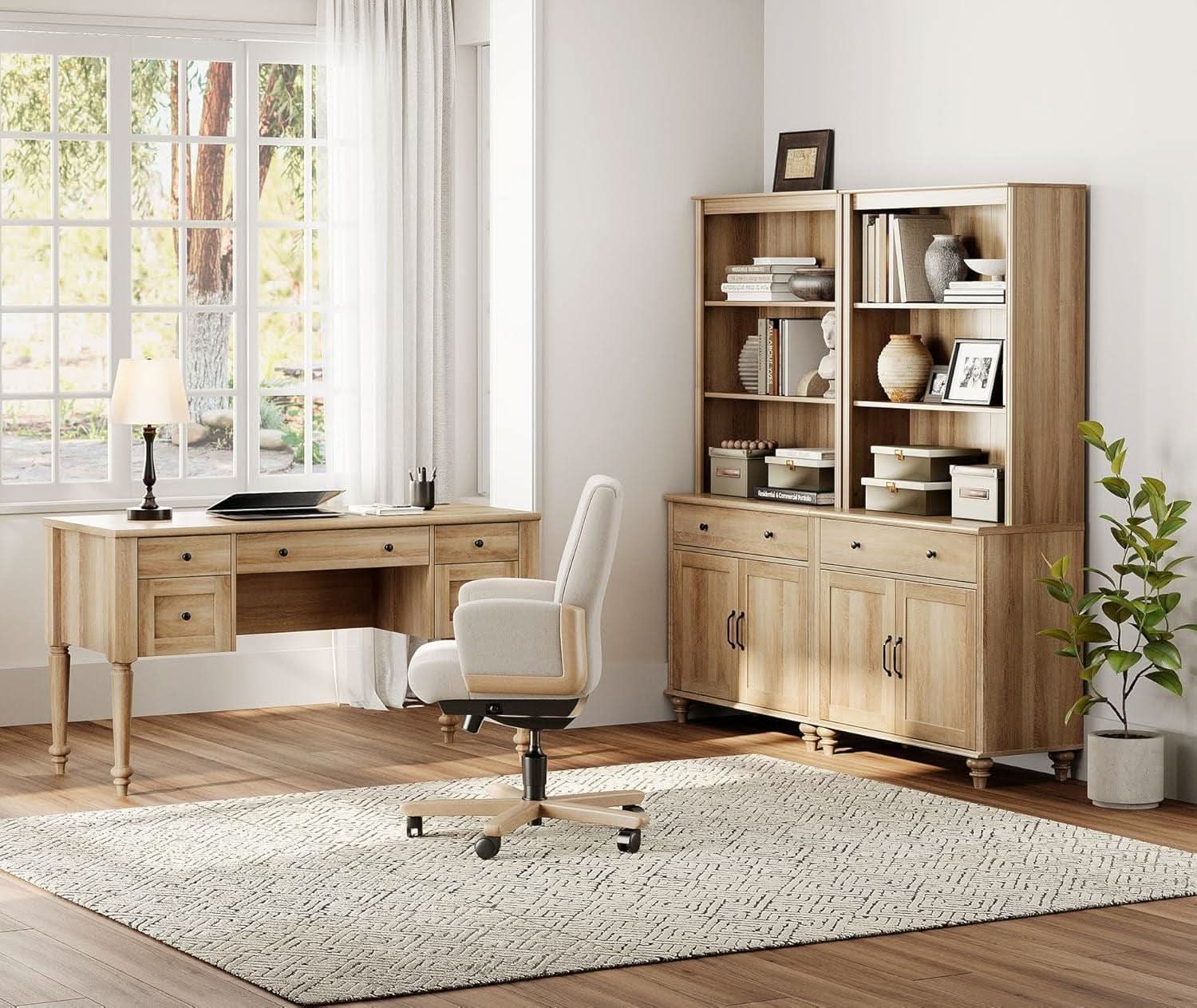 Elegant Oak 56 Inch Executive Desk Charging Station