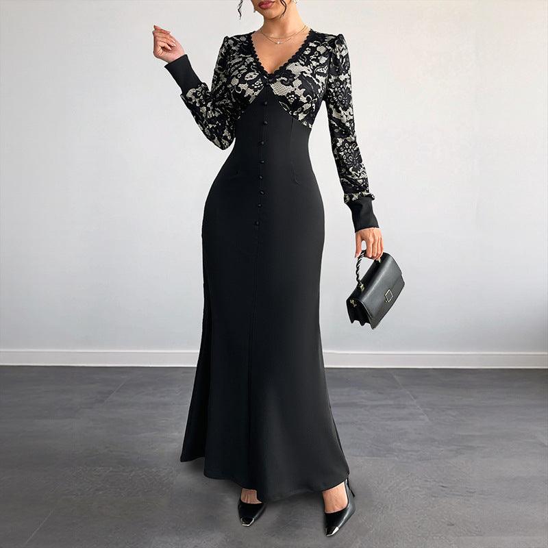 Sexy Retro Lace Splicing Long Sleeve V-neck Dress for Evening and Date