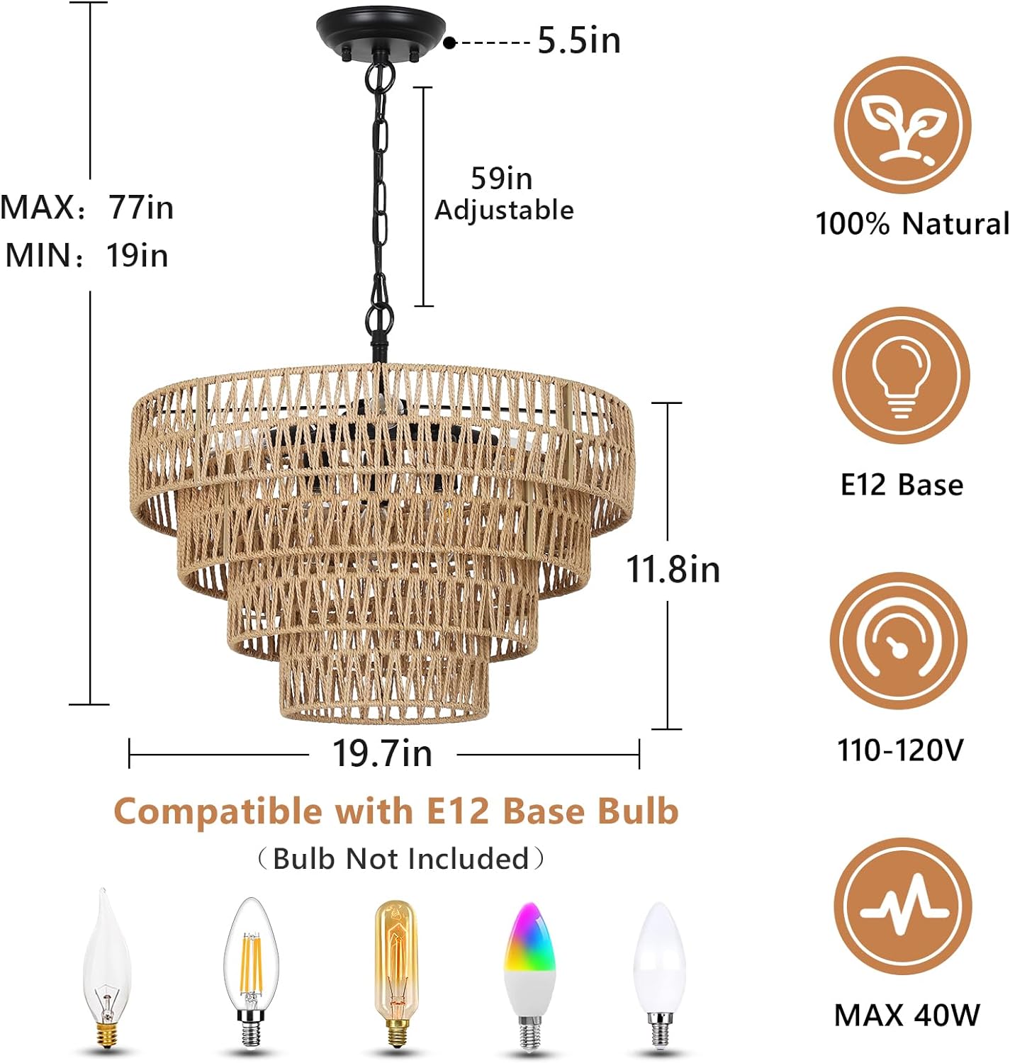 6-Light Dining Room Light Fixture, Wicker Pendant Lighting with 4-Tier Woven Lampshade, Large Farmhouse Chandeliers (20
