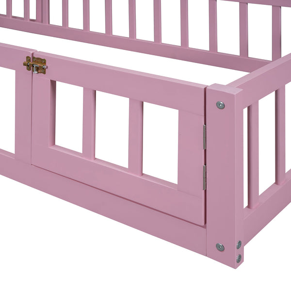 Wooden Twin Size Children's Bed with Detachable Headboard and Integrated Clothes Drying Rack, Pink