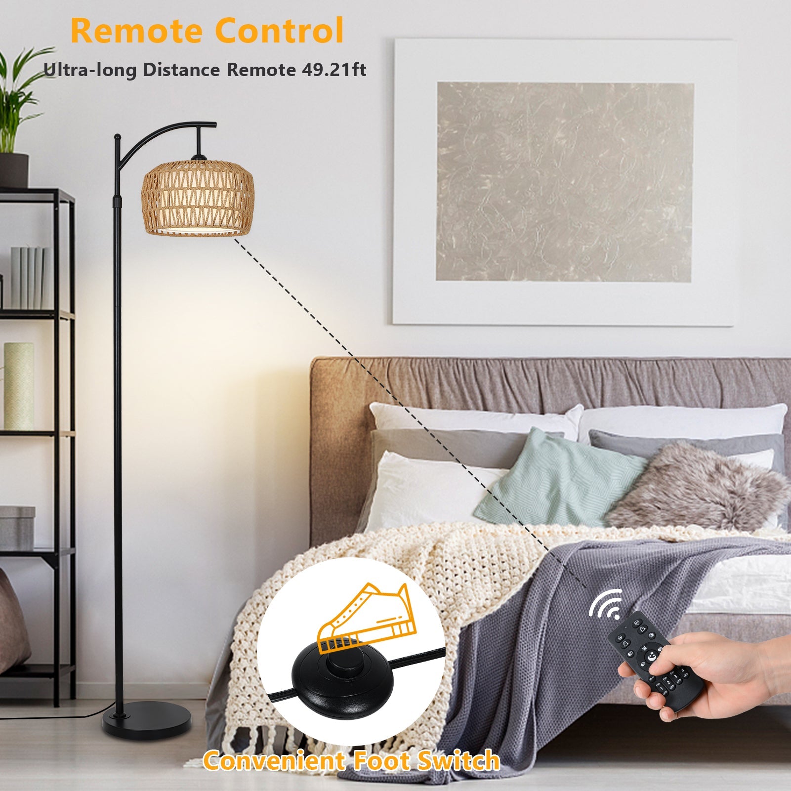 Arc Floor Lamps for Living Room, Dimmable Rattan Floor Lamp with Remote & LED Bulb, Mid Century Modern Standing Lamp with Double Shades, Boho Farmhouse Tall Pole Lamps for Bedroom Office