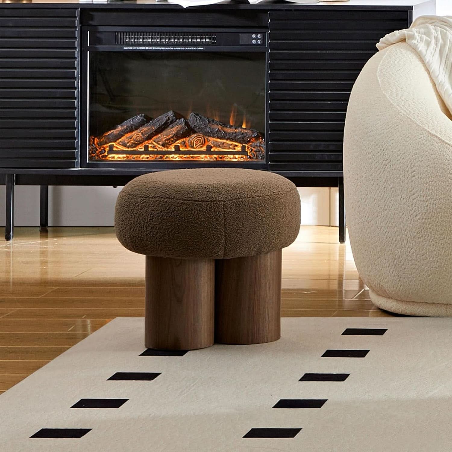 Luxurious Dark Brown Boucle Round Ottoman Footstool