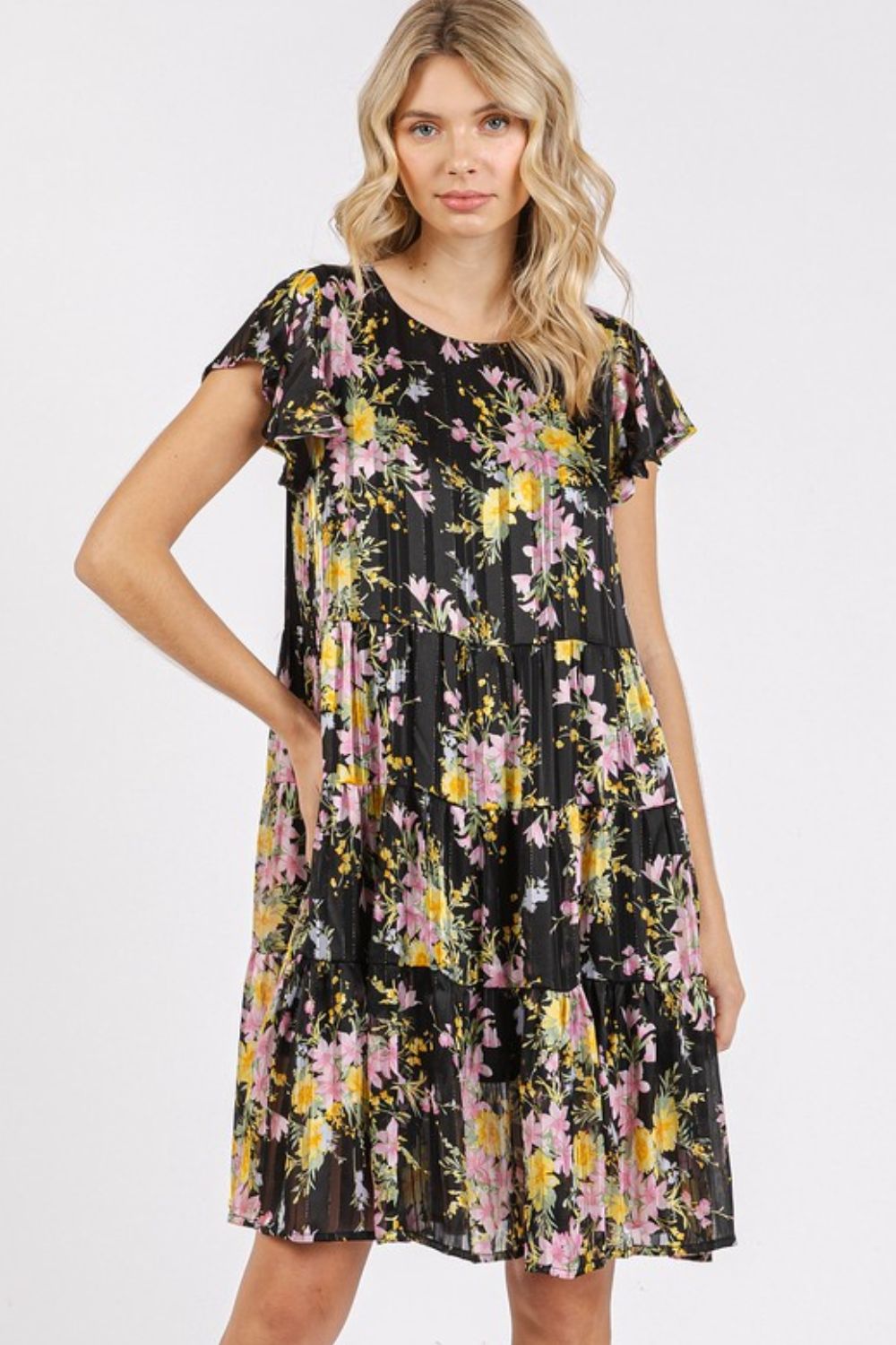 New Summer Flower Print Round Neck Flutter Sleeve Tiered Dress For Women – Feminine, Trendy, Romantic & Flattering Design