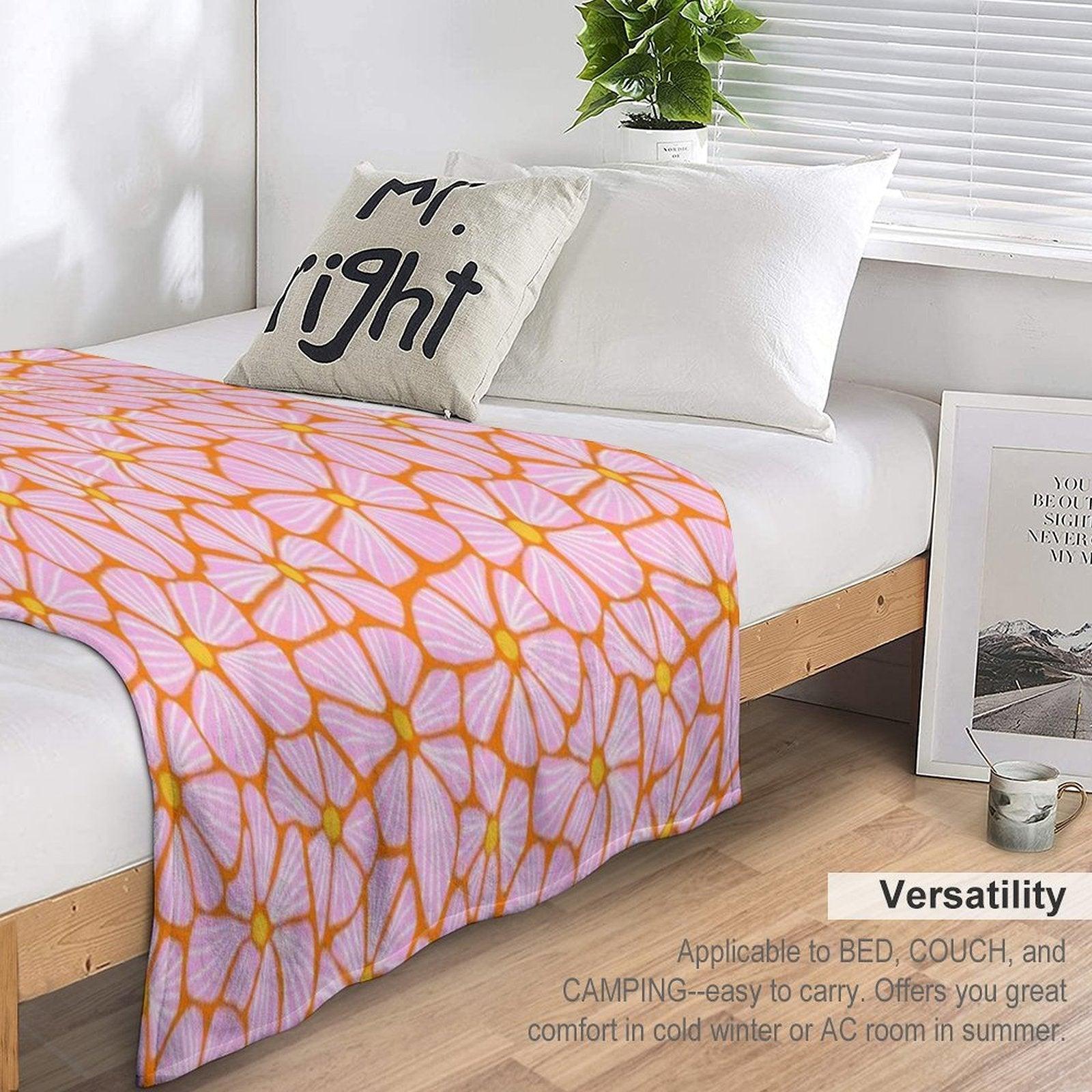 Flower Power Seventies Sixties Hippie Flowers Pattern Orange Pink Throw Blanket