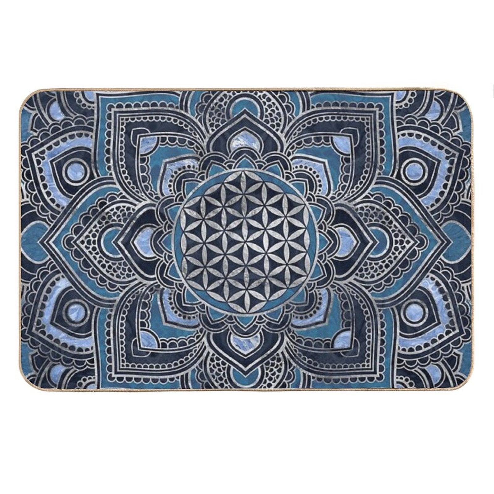 Flower of Life in Lotus Mandala - Blue Crystal And Silver Bath Mat