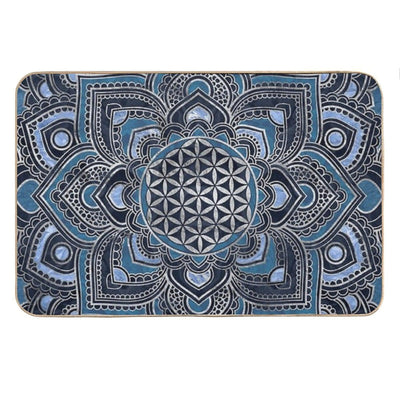 Flower of Life in Lotus Mandala - Blue Crystal And Silver Bath Mat