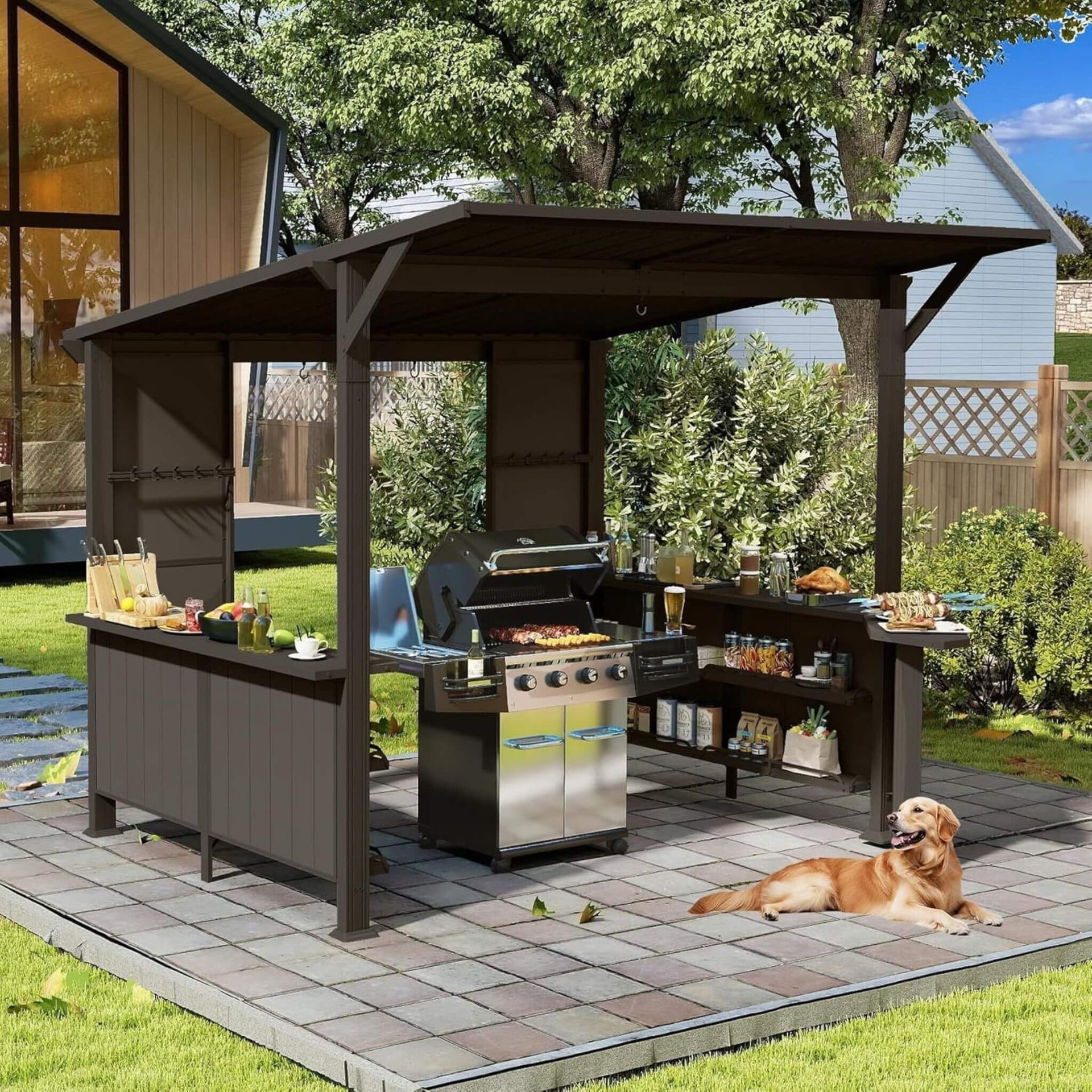 [09X10FT] Premium Outdoor Hardtop Grill Gazebo With Shelves (SAK90431)