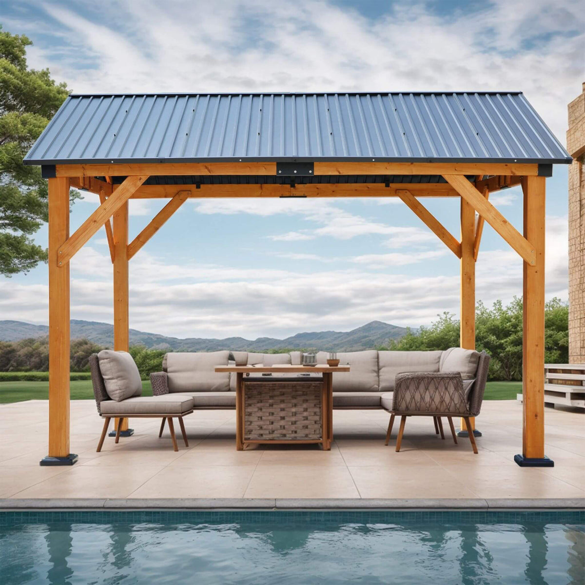 [09X11FT] Heavy-Duty All-Weather Hardtop Wooden Carport Gazebo With Galvanized Steel Roof (SAK39187)