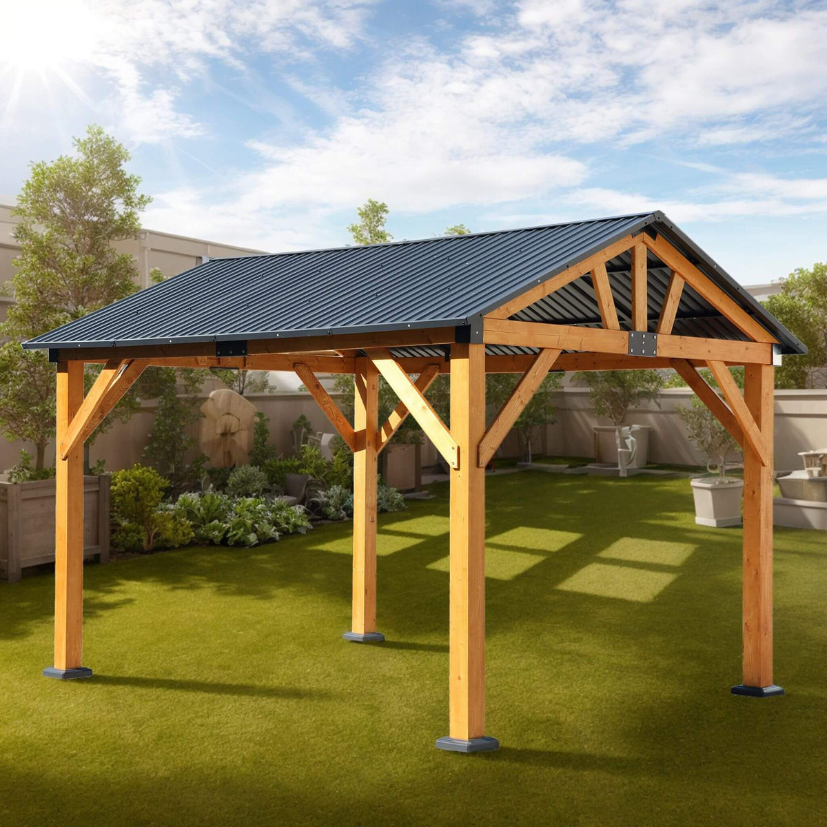 [09X11FT] Heavy-Duty All-Weather Hardtop Wooden Carport Gazebo With Galvanized Steel Roof (SAK39187)