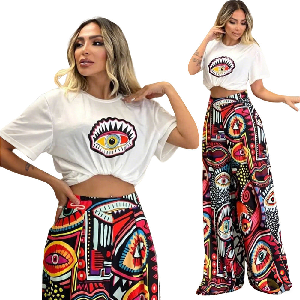 Printed Two-Piece Set Round Neck Short Sleeve Top Loose Comfortable Long Pants Wide Leg Pants Women's Clothing