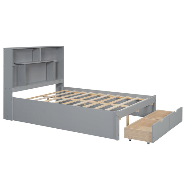 Full Size Platform Bed with Storage Headboard and 2 Drawers, Gray