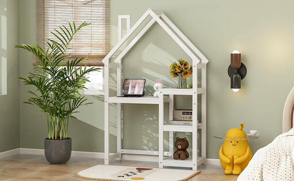 House-shaped Wooden writing Desk,Kids study Table,Bookshelf & Toy Storage,White