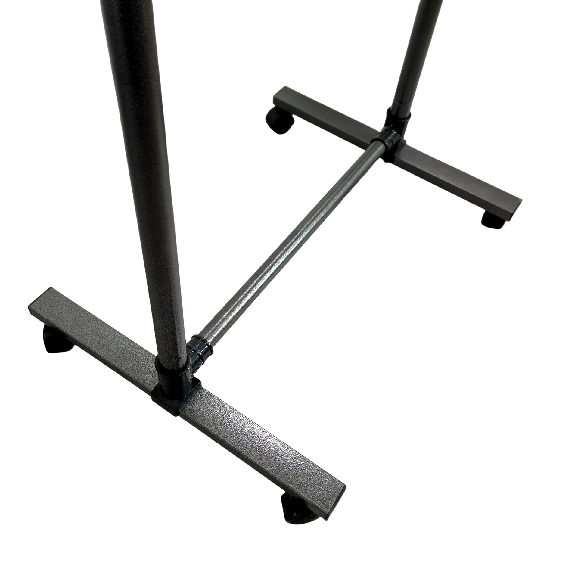 Short clothes hanger with chassis and wheels, heavy-duty rolling clothes hanger, black