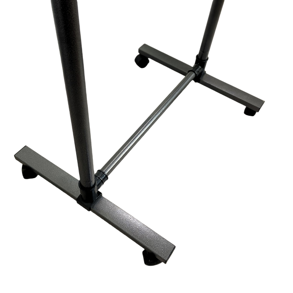 Short clothes hanger with chassis and wheels, heavy-duty rolling clothes hanger, black