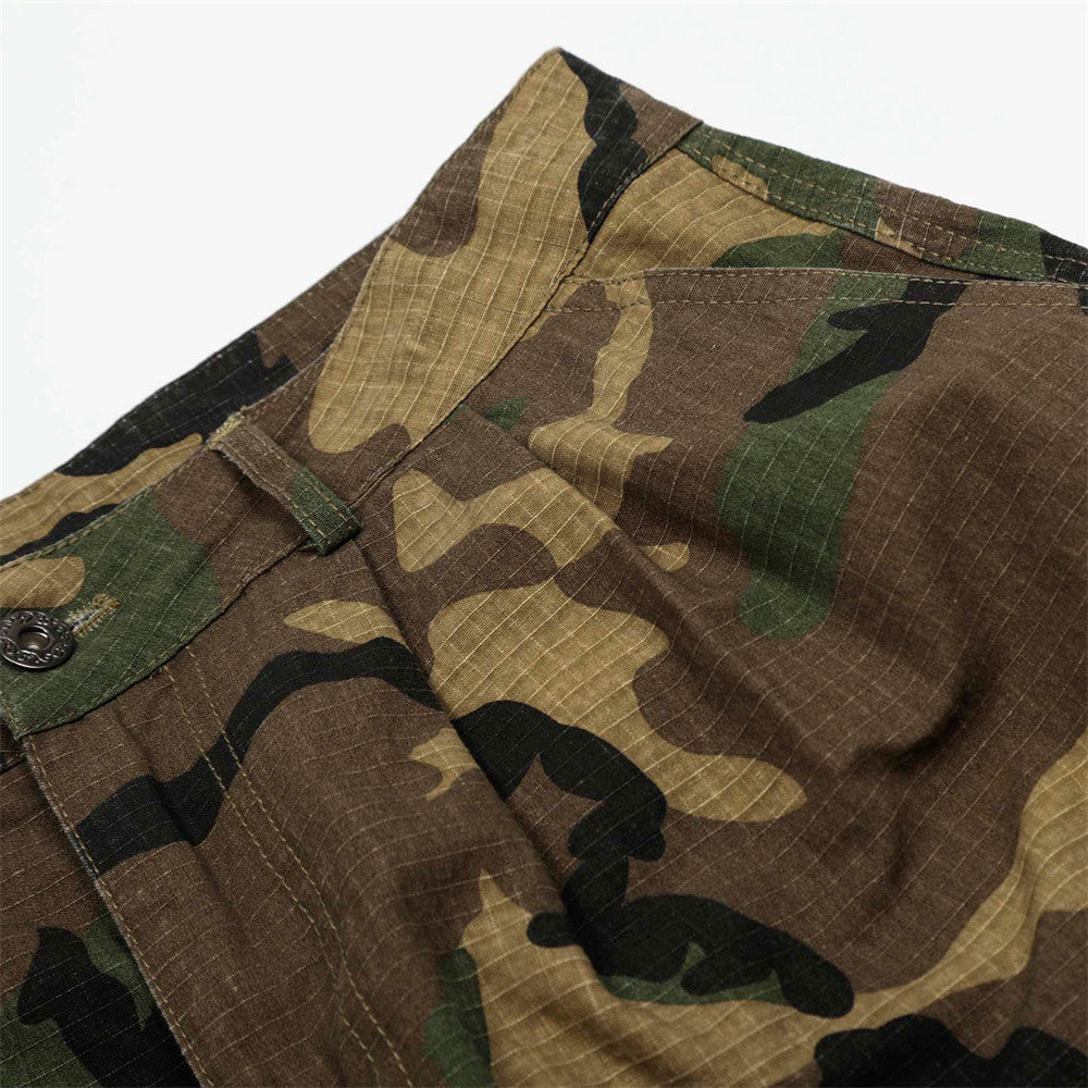 Loose Wide-Leg Camouflage Three-Quarter Pants Men's Summer Work Shorts Pleated Design with Large Pockets