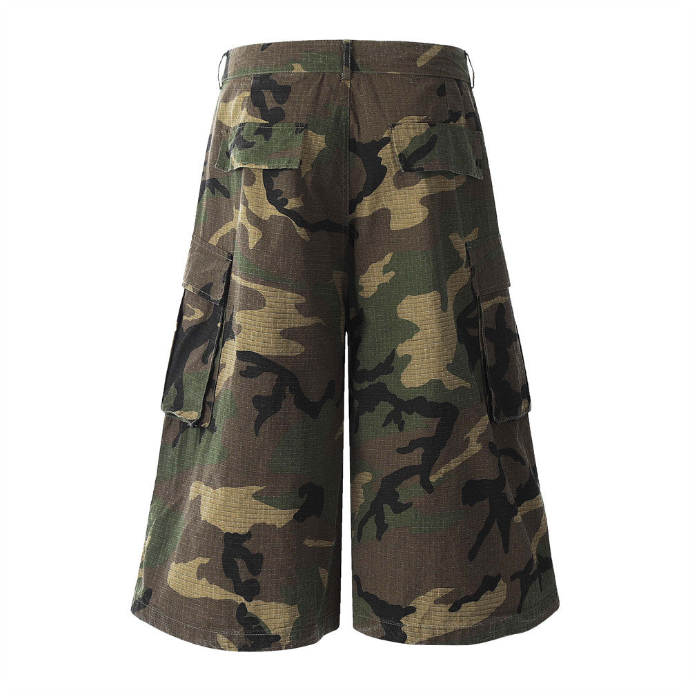 Loose Wide-Leg Camouflage Three-Quarter Pants Men's Summer Work Shorts Pleated Design with Large Pockets