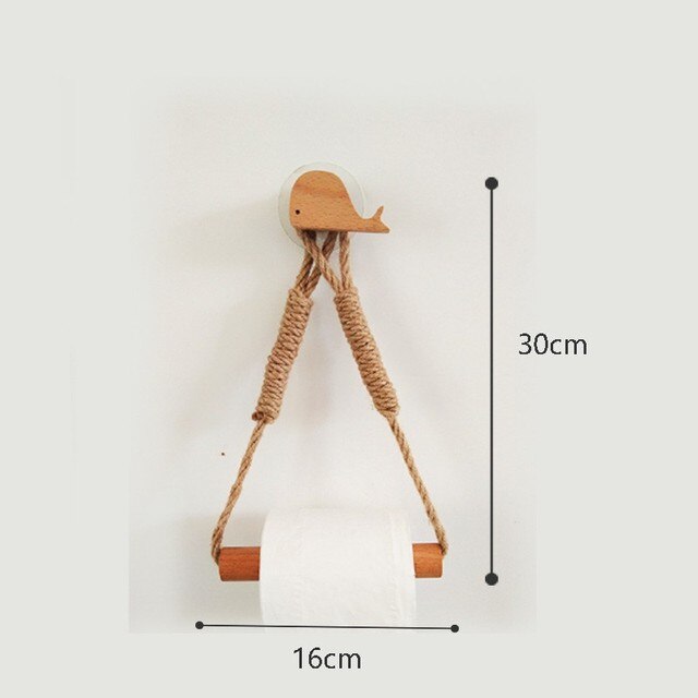 Nordic Indoor Wooden Solid Wood Hemp Rope Animal Tissue Holder Children's Room Decoration Wall Hanger Hemp Rope Hook Toilet Paper Holder