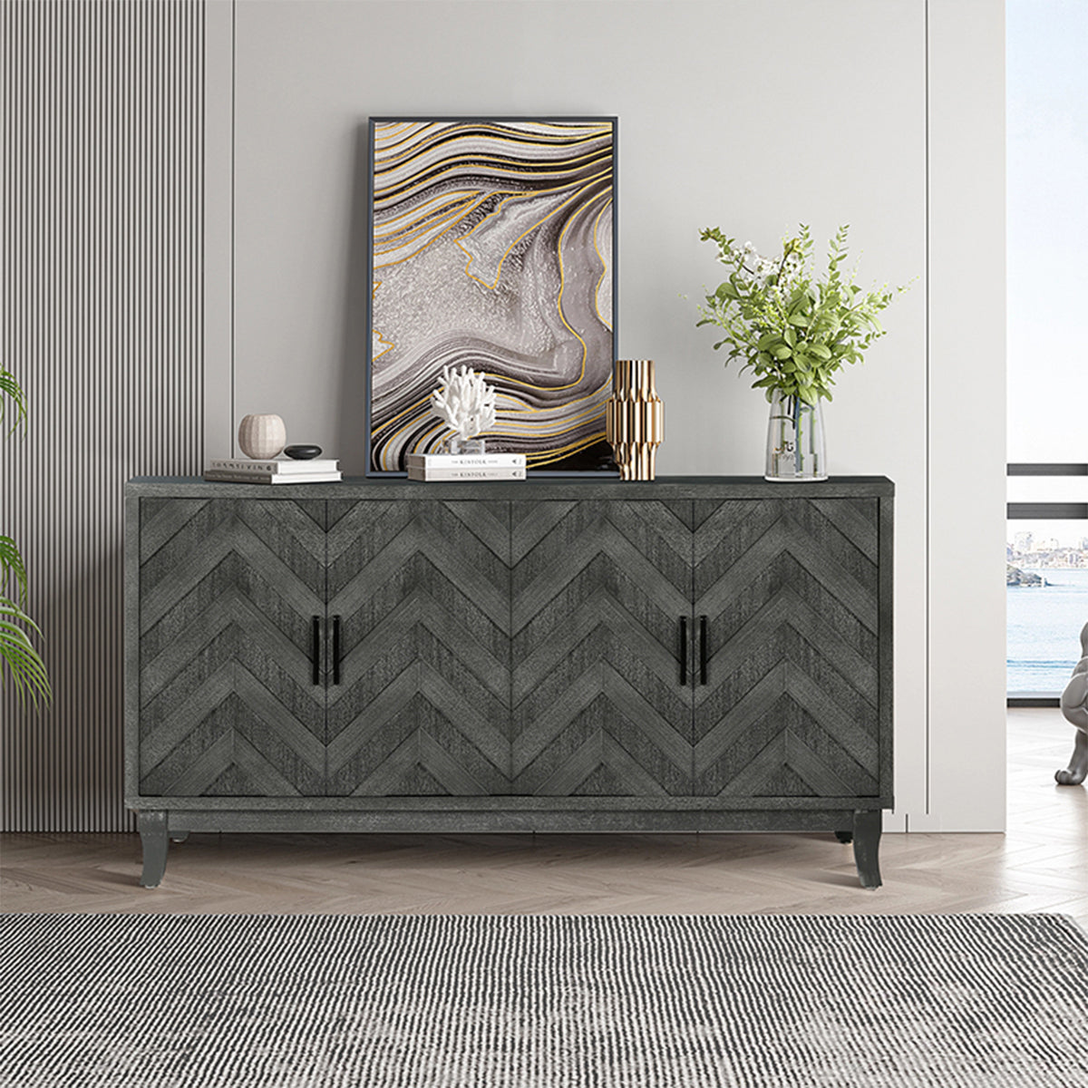 Stronger Vintage Style Buffet Cabinet Lacquered Accent Storage 4 Door Wooden Cabinets Taupe Grey