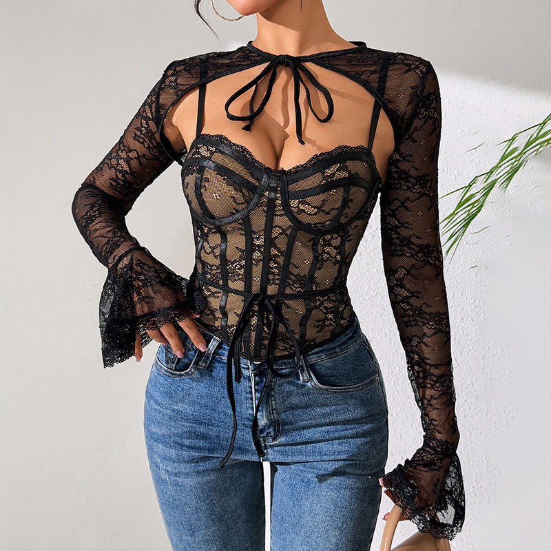 Lace sexy mesh see through backless long sleeved shawl new two-piece set spicy girl camisole vest