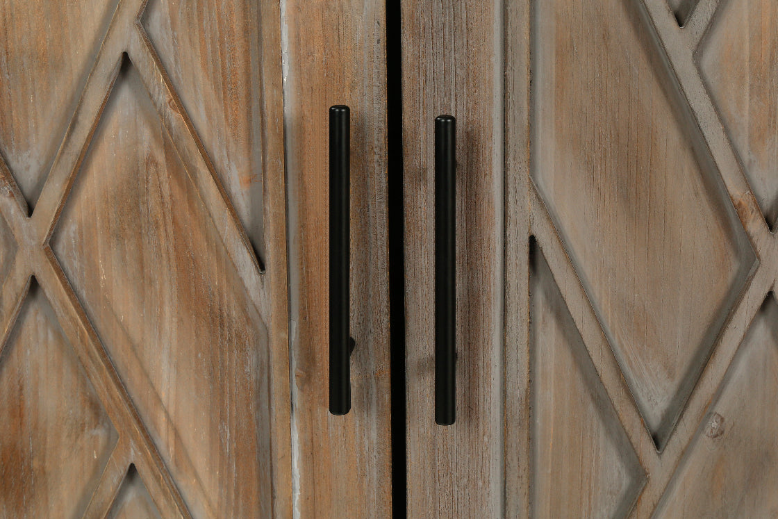Wooden cabinet with geometric pattern and black handles