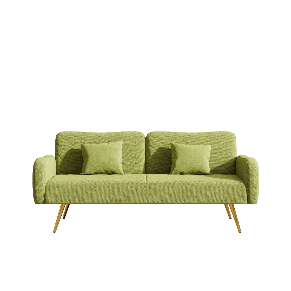 Green sofa with two cushions on a white background