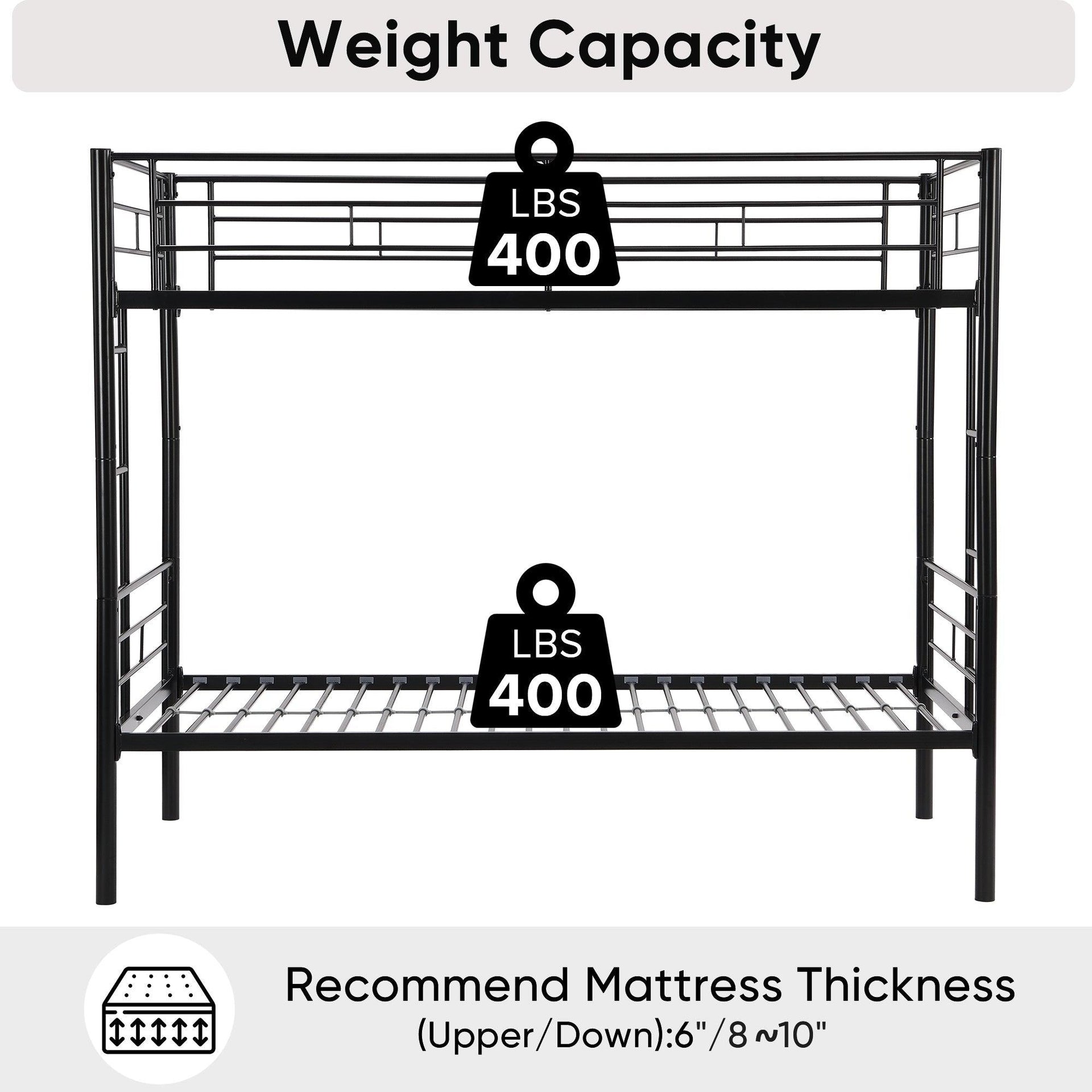 Double decker bed, size above twin bed, with 2 ladders and full-length guardrail, metal, storage space, black