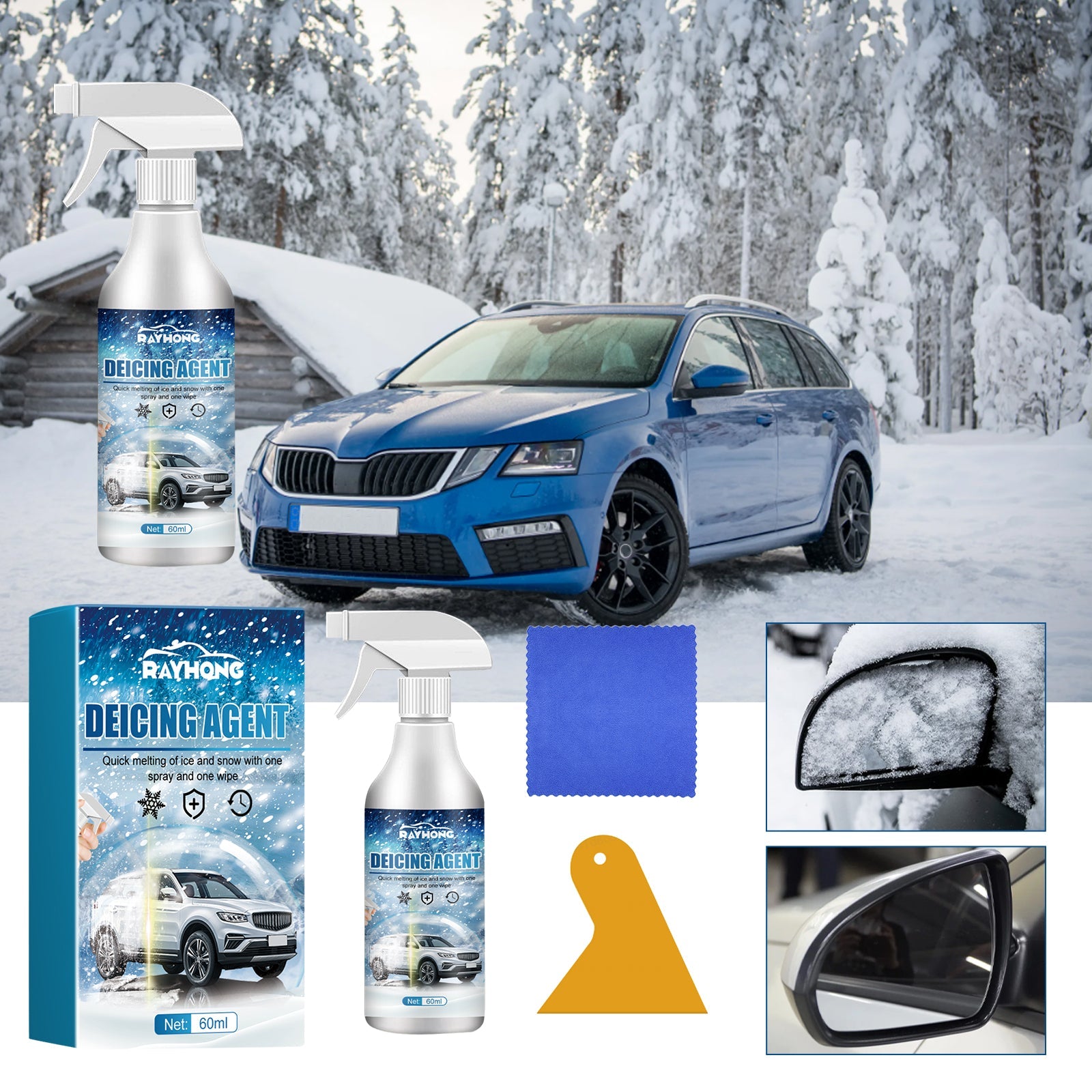 Deicing Agent, Winter Car Glass Fast Melting Snow Remover Front Windshield Snow Repellent