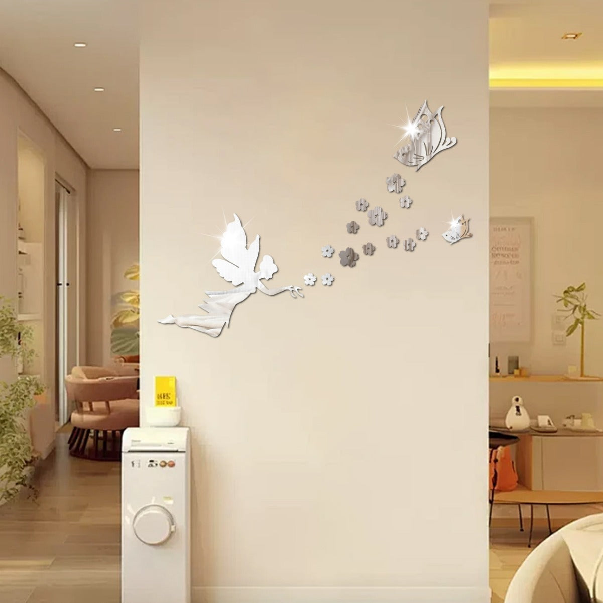 Angelic Flying Mirror Wall Stickers, Fairy Scattering Flowers Acrylic DIY Decorations for Living Room and Dining Room, New Arrival Butterfly and Flower Designs