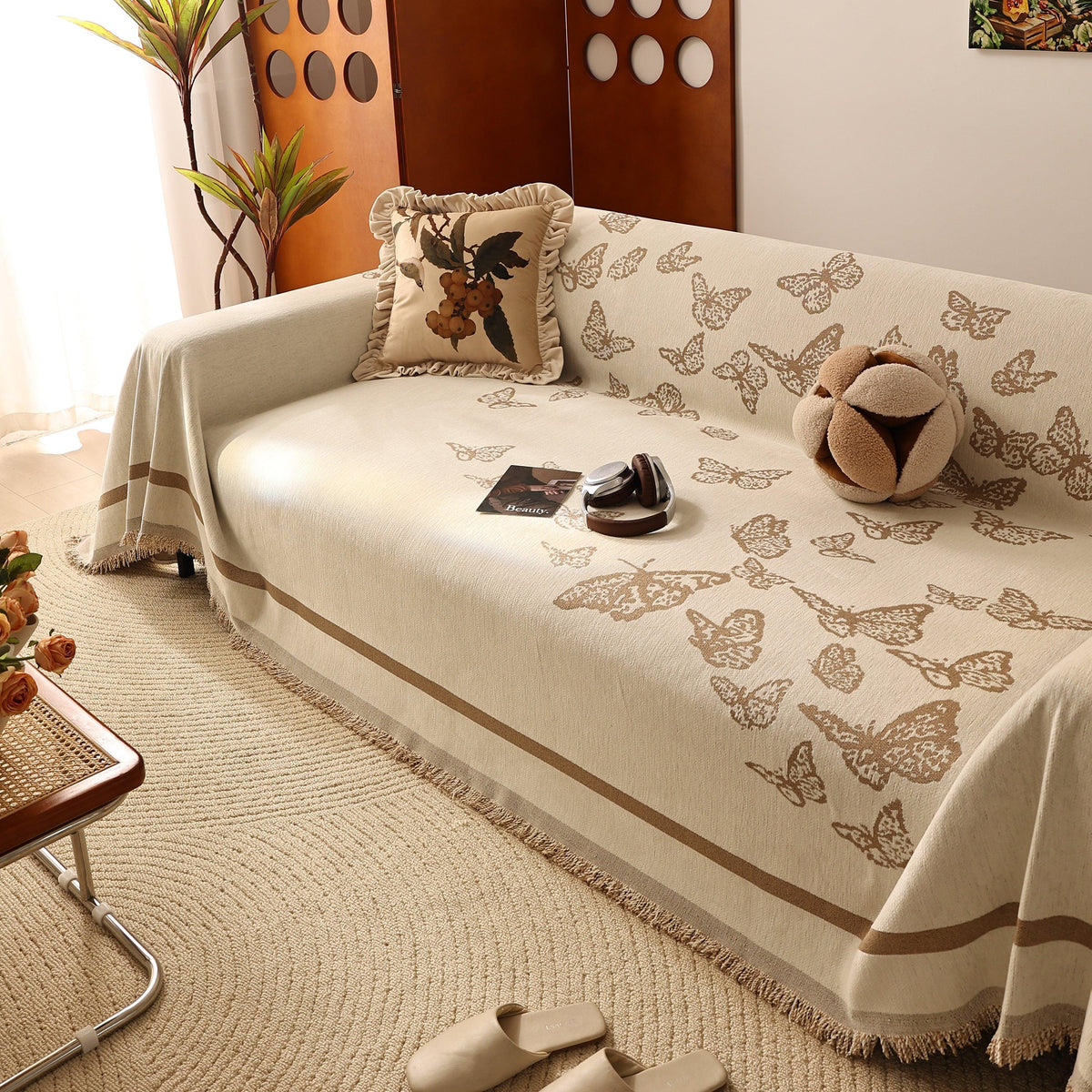 Butterfly Jacquard Soft Couch Blankets Cover for Couch Reversible Modern Sofa Slipcover Throw Covers