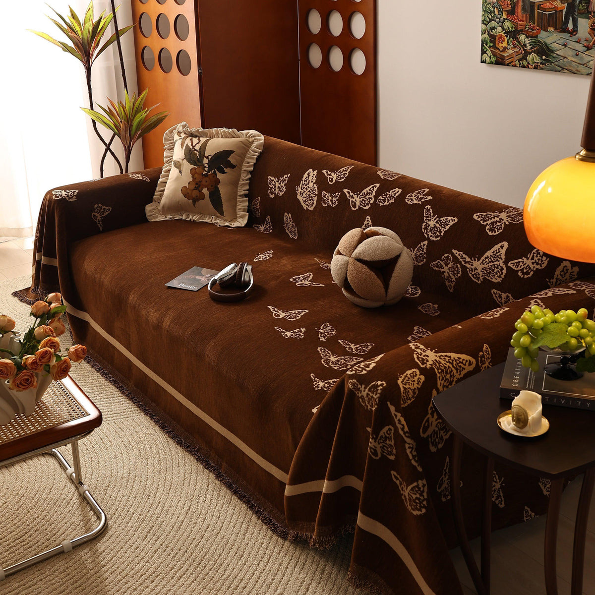 Butterfly Jacquard Soft Couch Blankets Cover for Couch Reversible Modern Sofa Slipcover Throw Covers