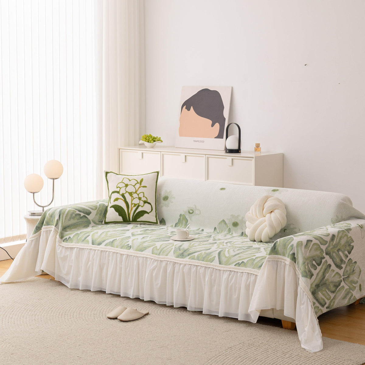 Botanical Sofa Cover with Chiffon Skirt, Floral Couch Throw Blanket for All-Season