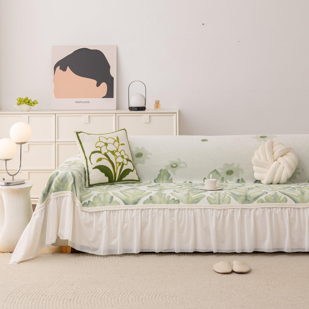 Botanical Sofa Cover with Chiffon Skirt, Floral Couch Throw Blanket for All-Season