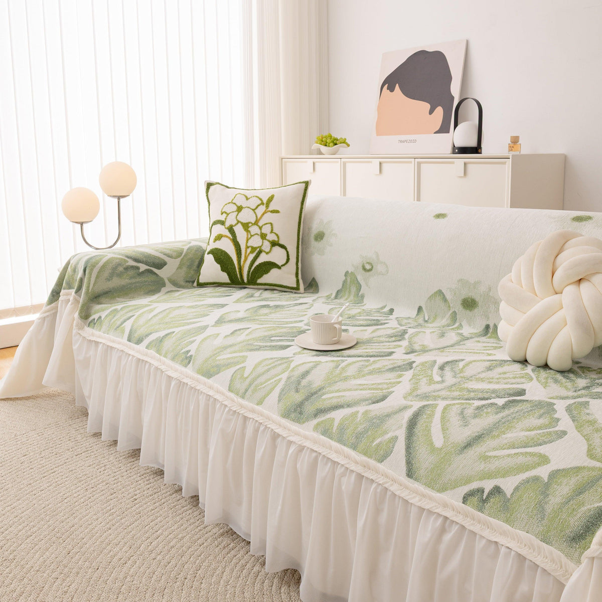 Botanical Sofa Cover with Chiffon Skirt, Floral Couch Throw Blanket for All-Season