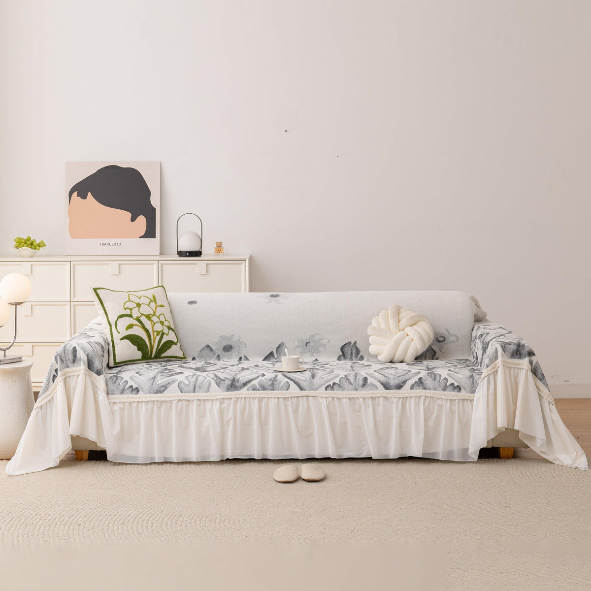 Botanical Sofa Cover with Chiffon Skirt, Floral Couch Throw Blanket for All-Season