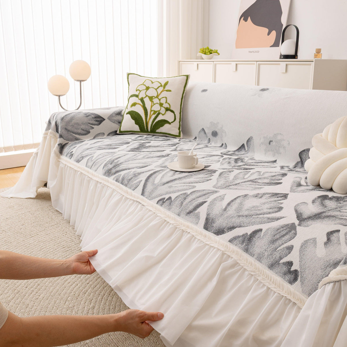 Botanical Sofa Cover with Chiffon Skirt, Floral Couch Throw Blanket for All-Season