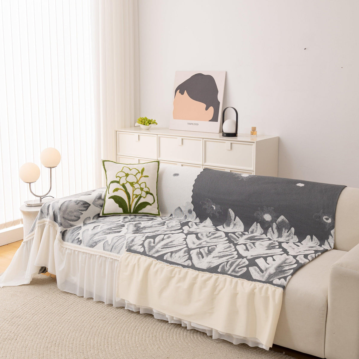 Botanical Sofa Cover with Chiffon Skirt, Floral Couch Throw Blanket for All-Season