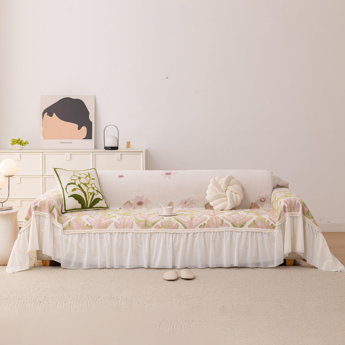 Botanical Sofa Cover with Chiffon Skirt, Floral Couch Throw Blanket for All-Season