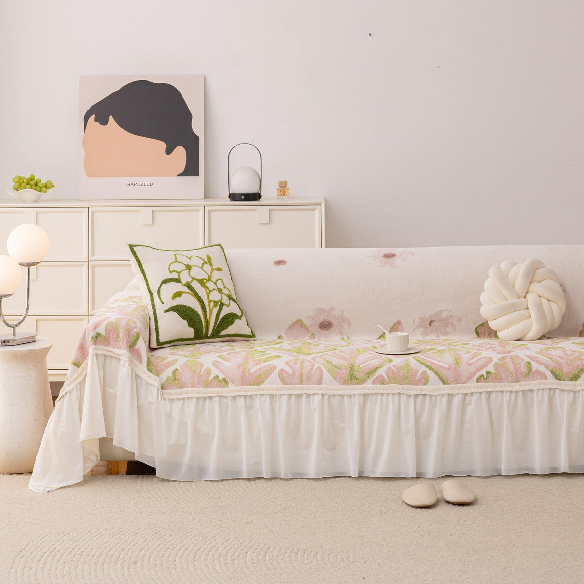 Botanical Sofa Cover with Chiffon Skirt, Floral Couch Throw Blanket for All-Season