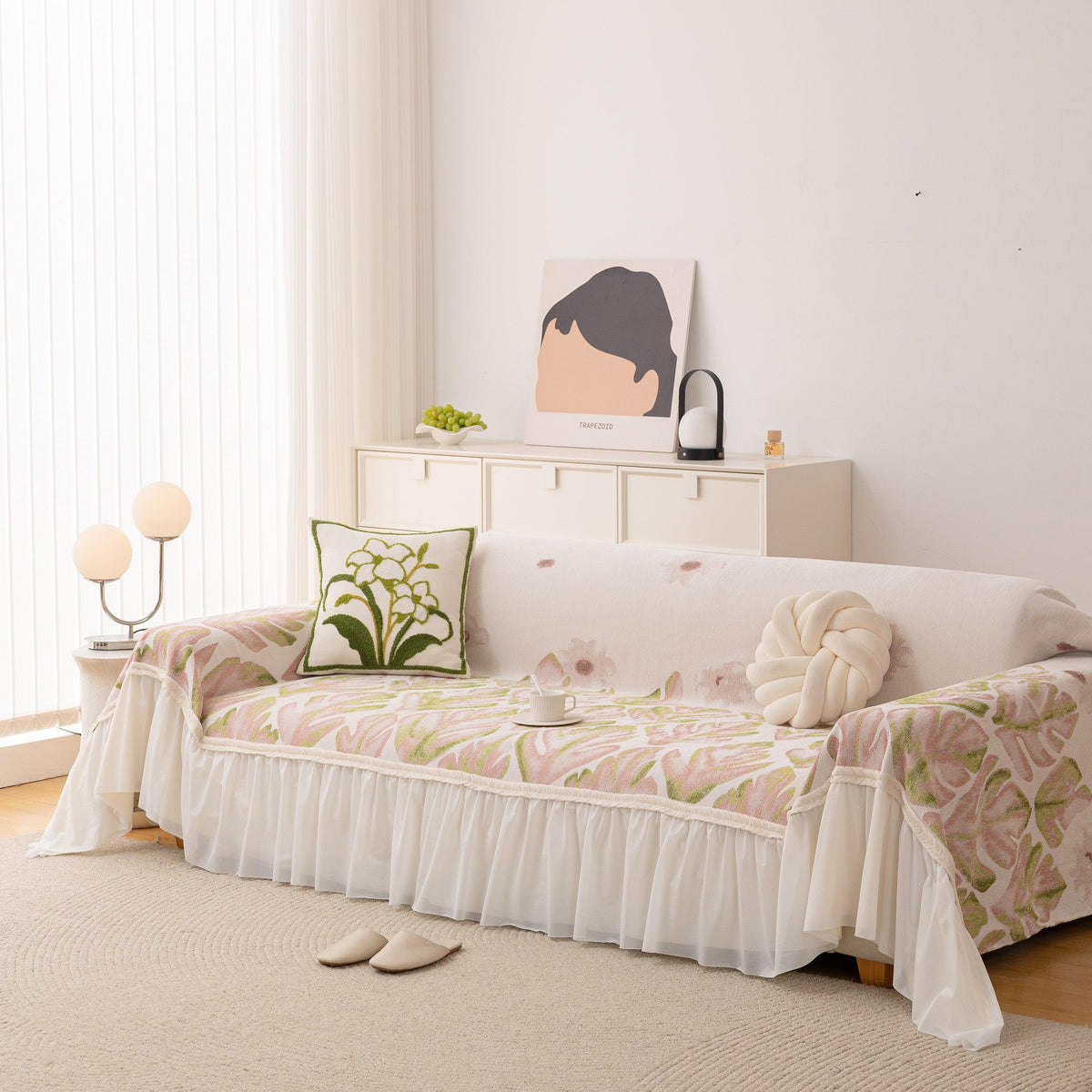 Botanical Sofa Cover with Chiffon Skirt, Floral Couch Throw Blanket for All-Season
