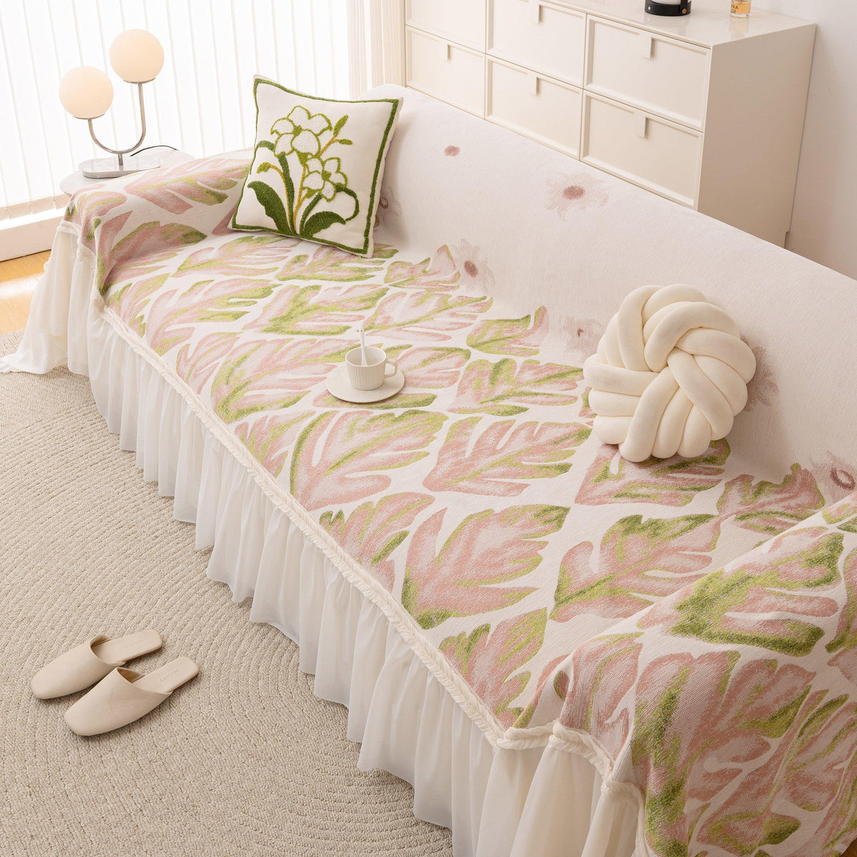 Botanical Sofa Cover with Chiffon Skirt, Floral Couch Throw Blanket for All-Season