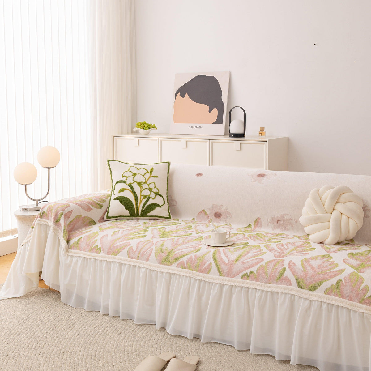Botanical Sofa Cover with Chiffon Skirt, Floral Couch Throw Blanket for All-Season