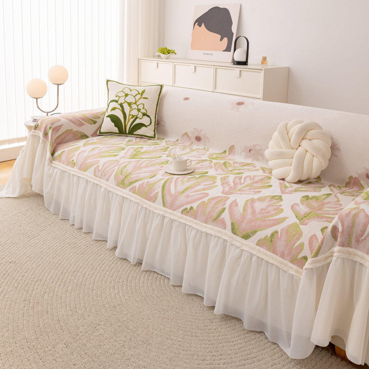 Botanical Sofa Cover with Chiffon Skirt, Floral Couch Throw Blanket for All-Season